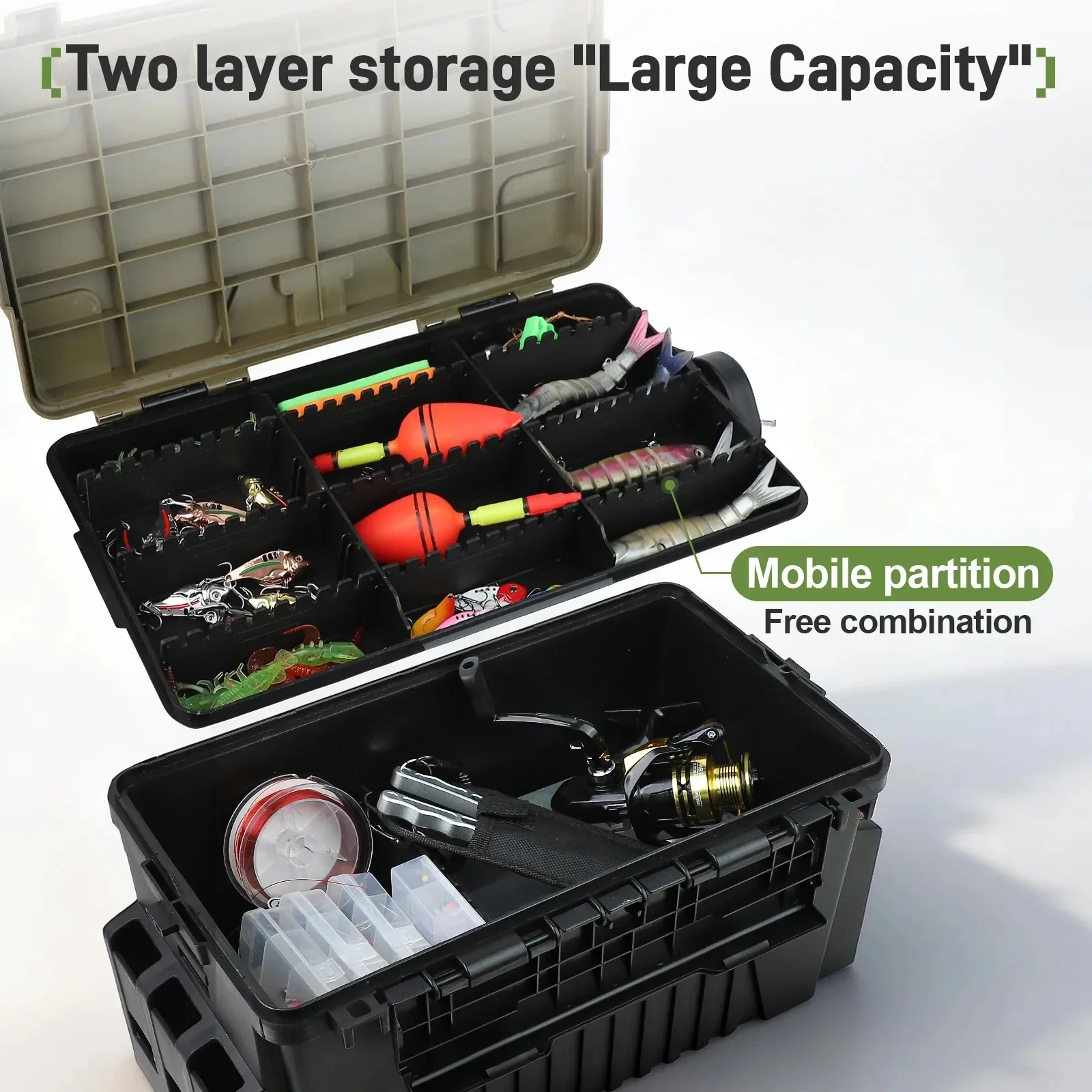 大容量の釣り道具箱。2層構造でルアーを収納でき、ロッドホルダ - Fishing Kayak Crate のレビューと価格